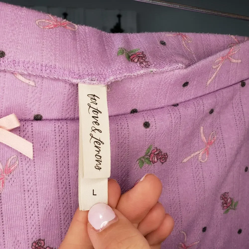For Love & Lemons Pointelle Pajama Set Womens L Pink Floral Long Sleeve Lounge